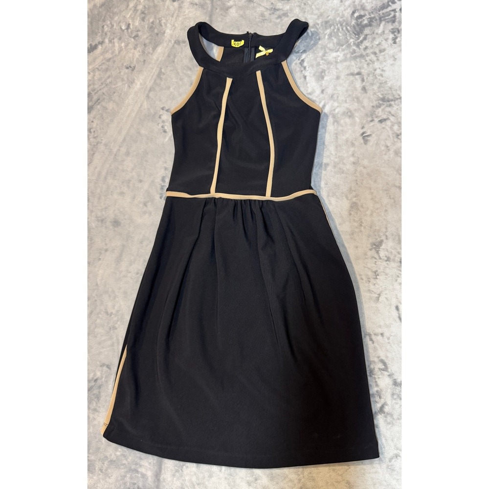Black Halter Neck Cocktail Dress with Tan Piping Trim Sleeveless A-Line XS/S